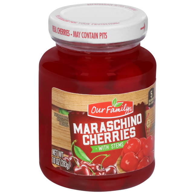 OUR FAMILY MARASCHINO CHERRIES WITH STEMS 10 OZ