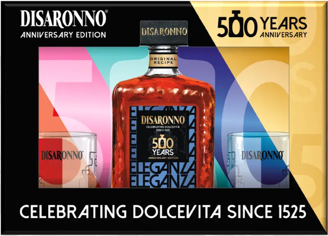 DISARONNO 500YR ANNIVERSARY 750ML 56 PROOF W/2 GLASS