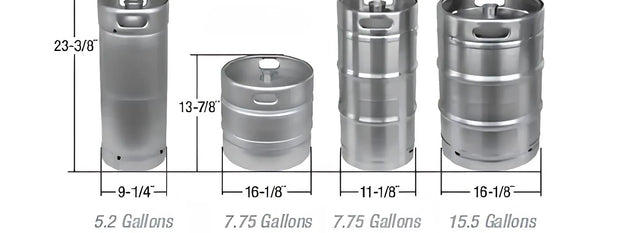 Set of four stainless steel kegs with dimensions labeled on a white background